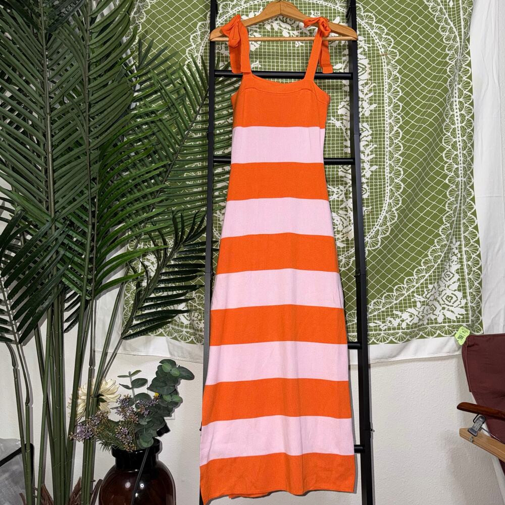 Vibrant Orange & Pink Striped Knit Maxi Dress